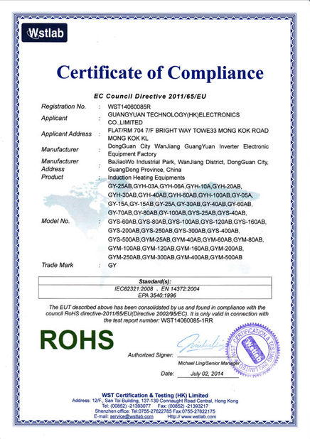 Cina Guangyuan Technology (HK) Electronics Co., Ltd. Sertifikasi