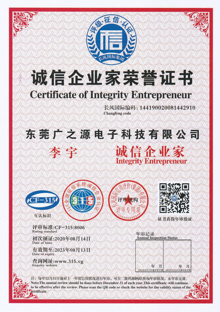 Cina Guangyuan Technology (HK) Electronics Co., Ltd. Sertifikasi
