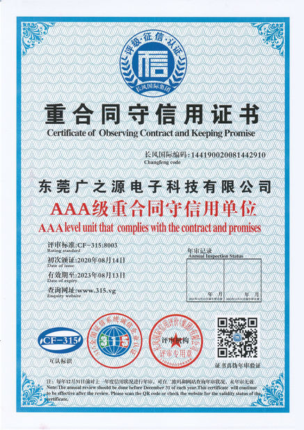 Cina Guangyuan Technology (HK) Electronics Co., Ltd. Sertifikasi