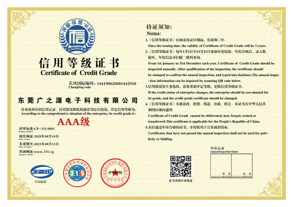 Cina Guangyuan Technology (HK) Electronics Co., Ltd. Sertifikasi